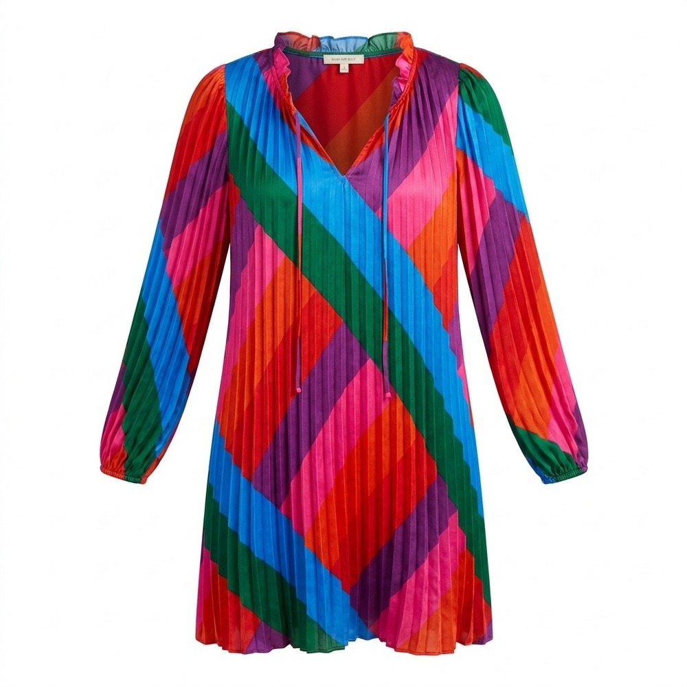 Skies Are Blue Rainbow Striped Pleated Shift Dress XS Long‎ Sleeve Ruffle Neck